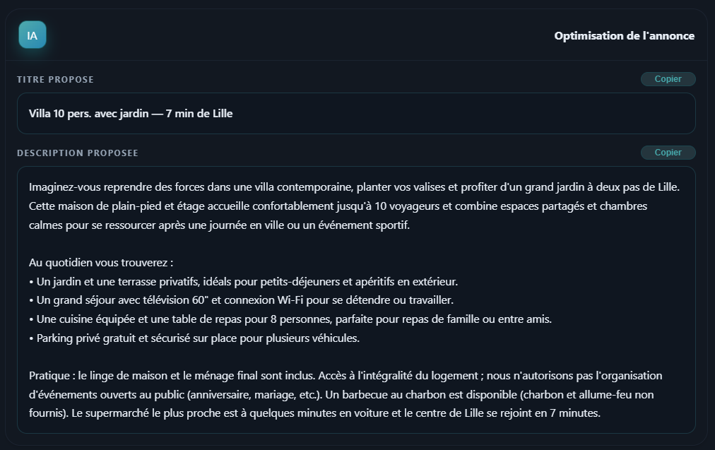 Recommandations de titre et description prêtes à copier-coller